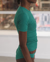BASERANGE 2025 Pre-Spring Collection: French Organic Cotton T-Shirt with Cut-Out Heart Design, Short Sleeves, MIRA GREEN (TOHS) (BAS-TTHTS-CR-AU25)
